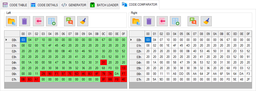 Comparing transceiver firmware in CODE COMPARATOR: differing bytes are highlighted