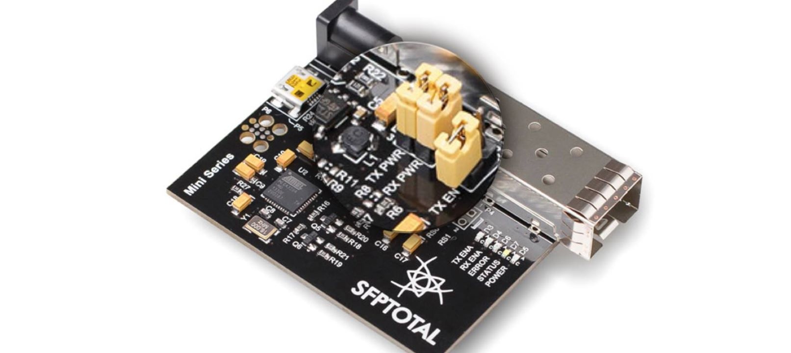 SFPTotal Mini board from the original guide: enlarged view of the RX PWR, TX PWR and TX EN jumpers