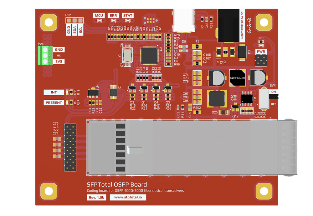 SFPTotal OSFP Board: OSFP port, buttons and power connectors