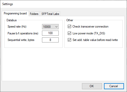 SFP coding board settings in SFPTotal Wizard: bus frequency, delay and write block size