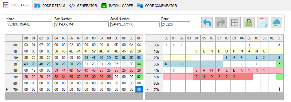 SFP firmware source code in the CODE TABLE tab before batch generation in SFPTotal Wizard